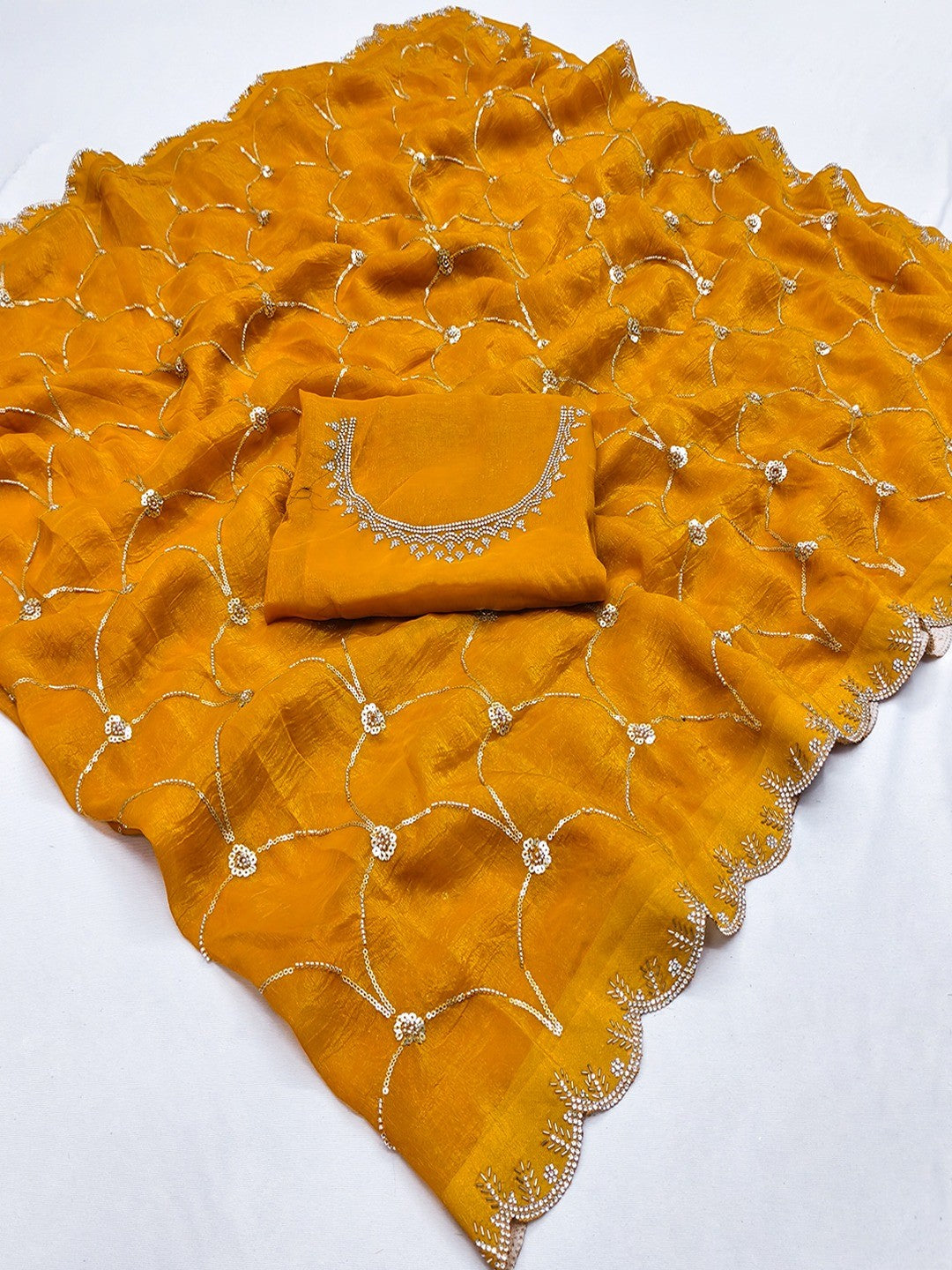 Mustard Chiffon Saree with Delicate Sequins Embellishments and Fine Craft Detailing - Image 2
