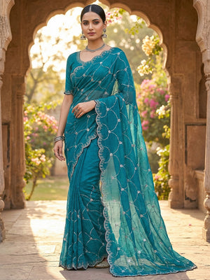 Teal Chiffon Saree with Delicate Sequins Embellishments and Fine Craft Detailing - Image 1