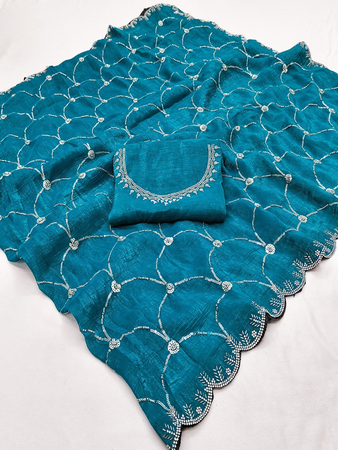 Teal Chiffon Saree with Delicate Sequins Embellishments and Fine Craft Detailing - Image 2