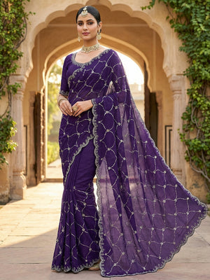 Purple Chiffon Saree with Delicate Sequins Embellishments and Fine Craft Detailing - Image 1