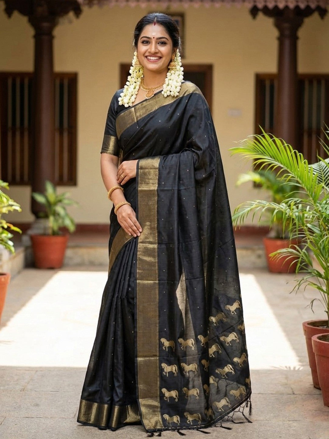 Majestic Black Horse Motif Woven Soft Silk Blend Saree With Designer Tassel Pallu - Image 1