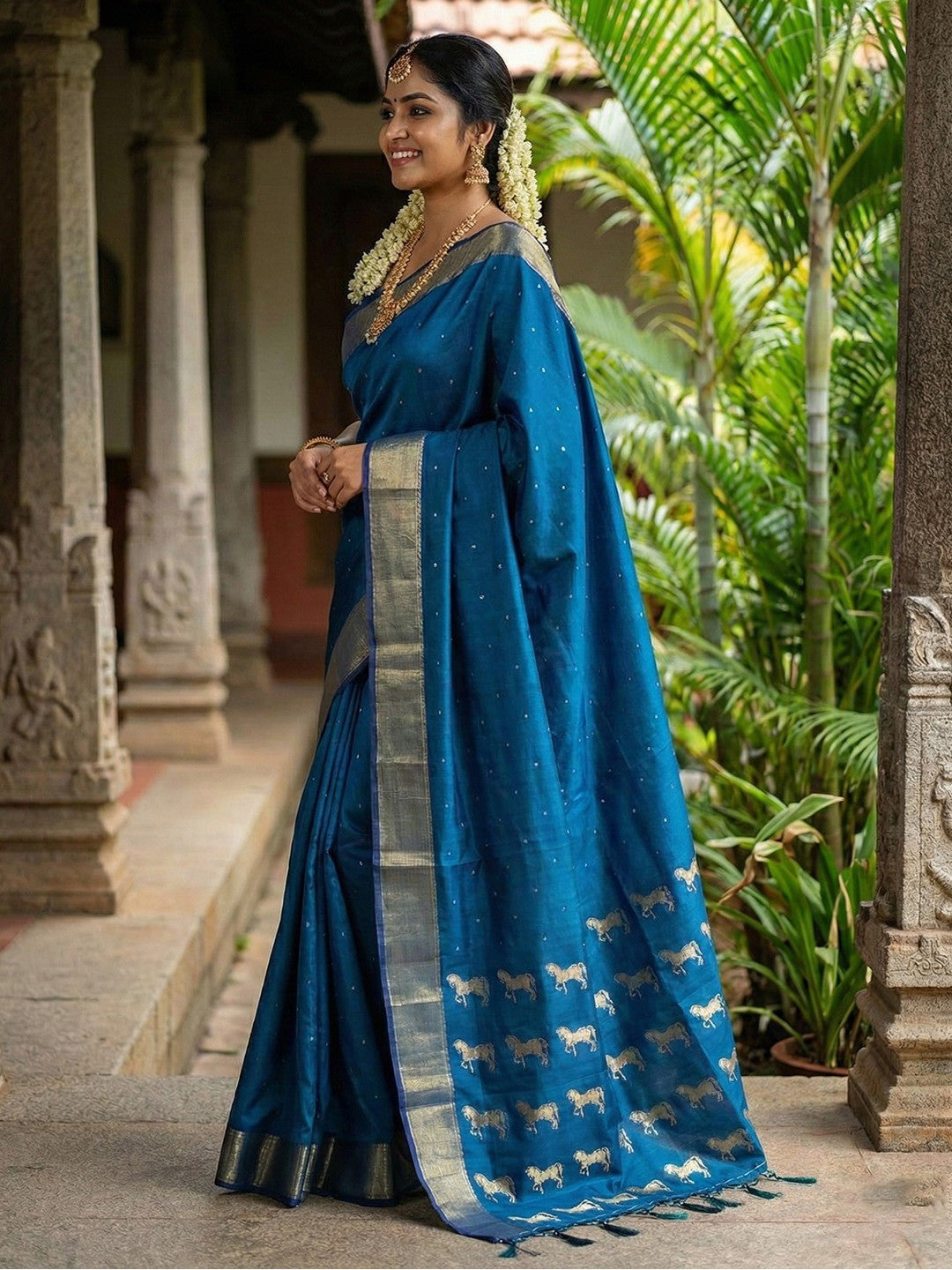 Majestic Blue Horse Motif Woven Soft Silk Blend Saree With Designer Tassel Pallu - Image 2