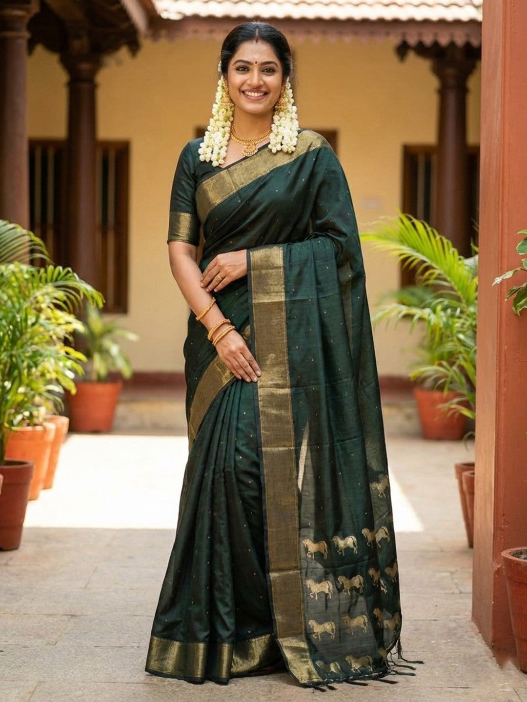 Majestic Bottle Green Horse Motif Woven Soft Silk Blend Saree With Designer Tassel Pallu - Image 1