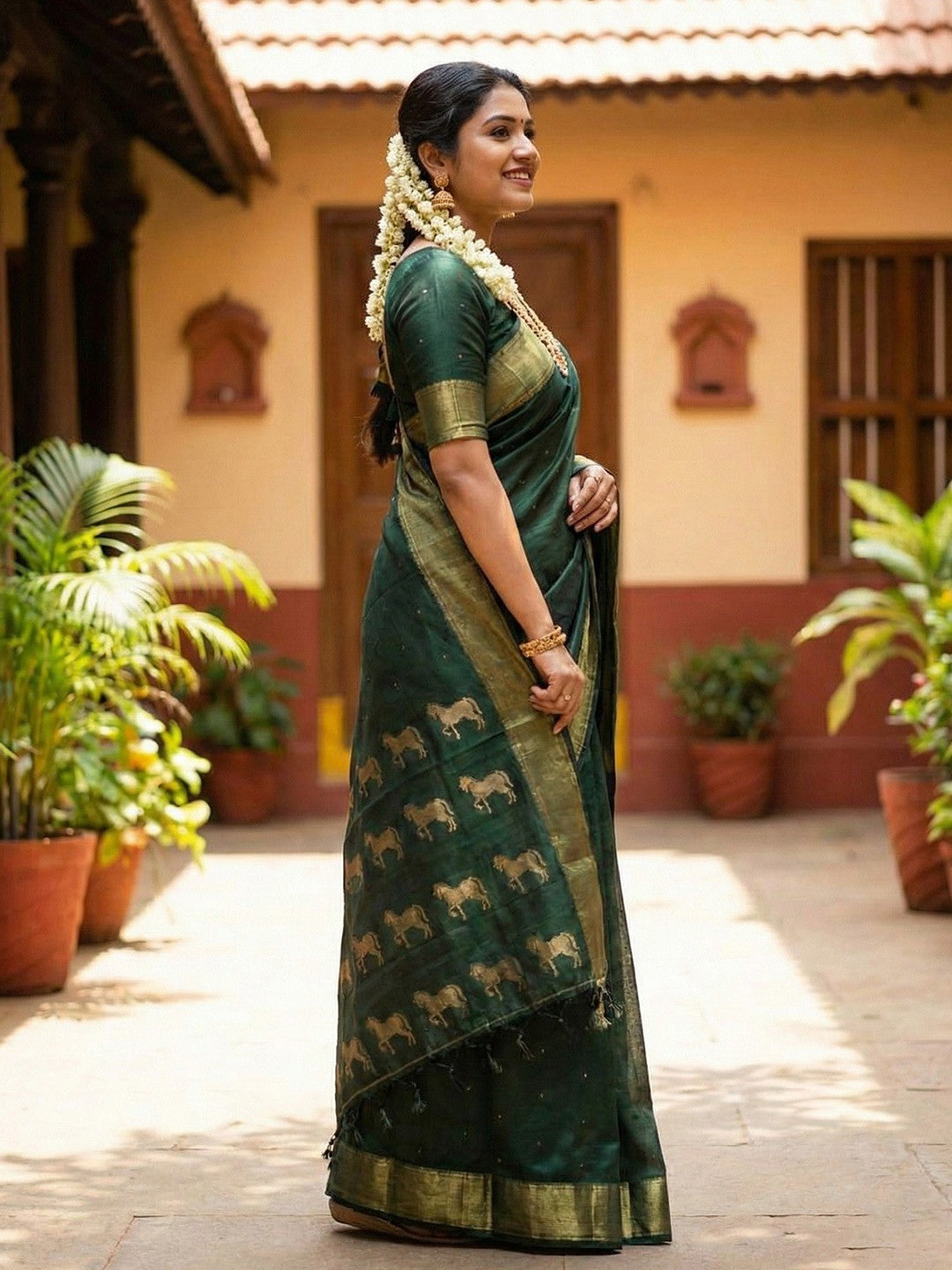 Majestic Bottle Green Horse Motif Woven Soft Silk Blend Saree With Designer Tassel Pallu - Image 3