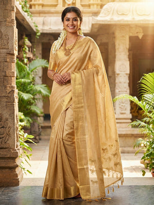 Majestic Beige Horse Motif Woven Soft Silk Blend Saree With Designer Tassel Pallu - Image 1