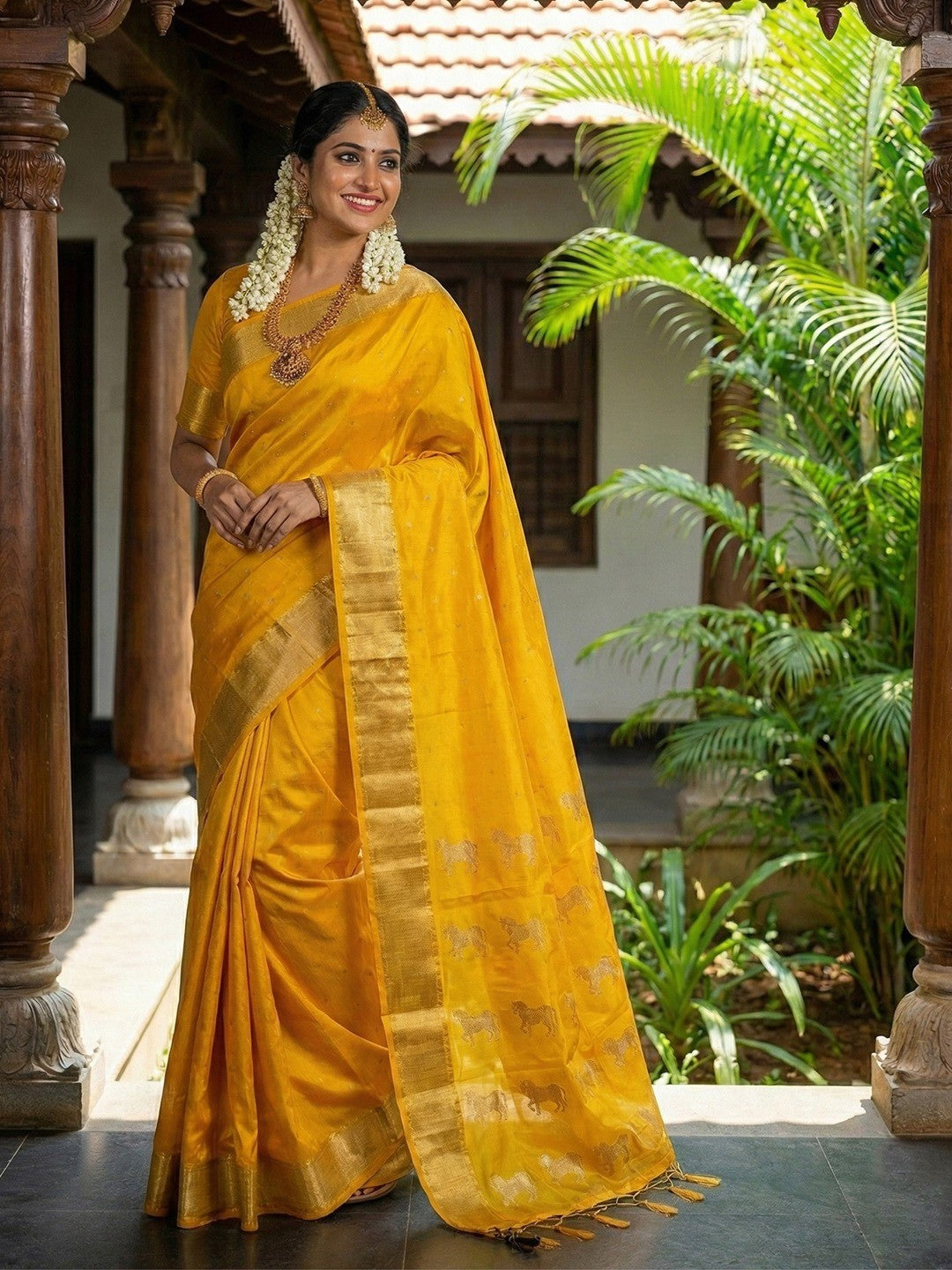 Majestic Mustard Horse Motif Woven Soft Silk Blend Saree With Designer Tassel Pallu - Image 1
