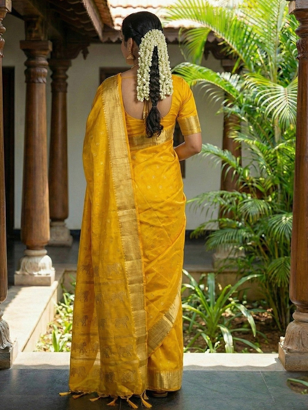 Majestic Mustard Horse Motif Woven Soft Silk Blend Saree With Designer Tassel Pallu - Image 2