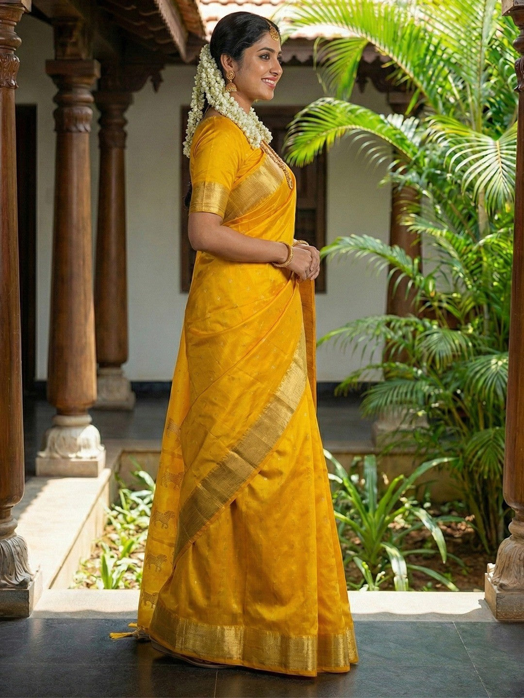 Majestic Mustard Horse Motif Woven Soft Silk Blend Saree With Designer Tassel Pallu - Image 3