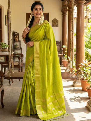 Majestic Parrot Green Horse Motif Woven Soft Silk Blend Saree With Designer Tassel Pallu - Image 1