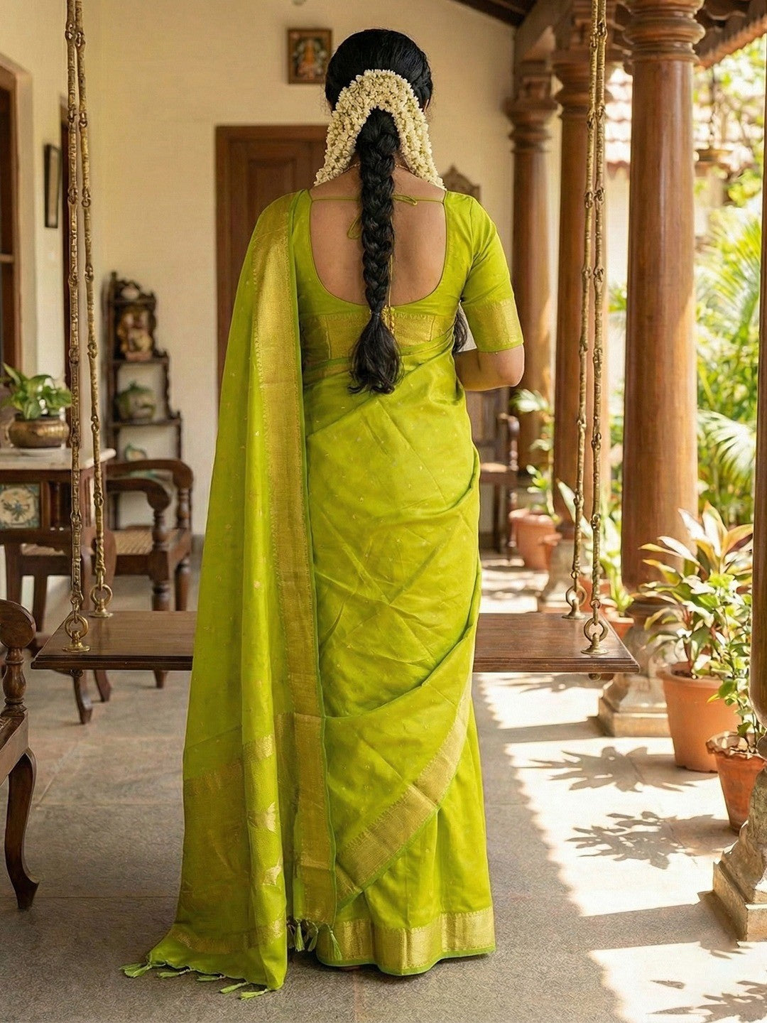 Majestic Parrot Green Horse Motif Woven Soft Silk Blend Saree With Designer Tassel Pallu - Image 2