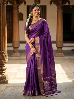 Majestic Violet Horse Motif Woven Soft Silk Blend Saree With Designer Tassel Pallu - Image 1