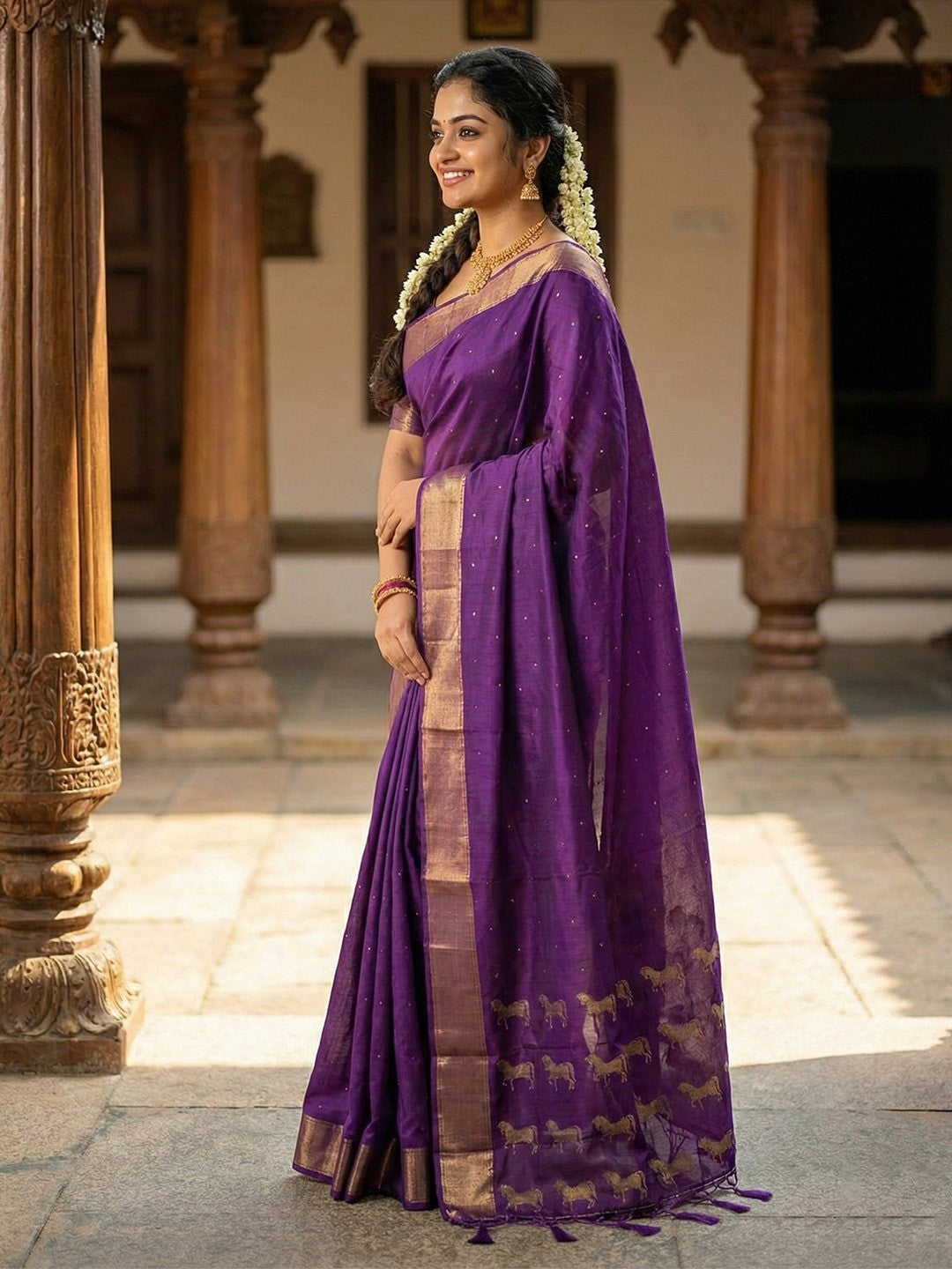 Majestic Violet Horse Motif Woven Soft Silk Blend Saree With Designer Tassel Pallu - Image 2