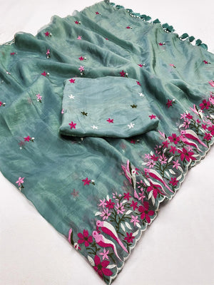 Sea Green Shimmer Saree with Floral Embroidery and Elegant Designer Look - Image 2