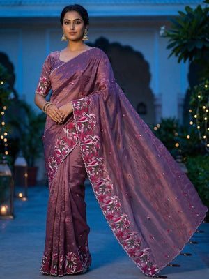 Dark Mauve Shimmer Saree with Floral Embroidery and Elegant Designer Look - Image 1