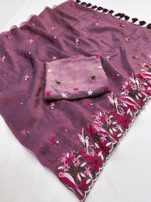 Dark Mauve Shimmer Saree with Floral Embroidery and Elegant Designer Look - Image 2