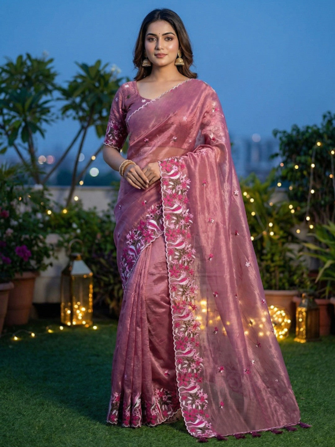 Rose Pink Shimmer Saree with Floral Embroidery and Elegant Designer Look - Image 1
