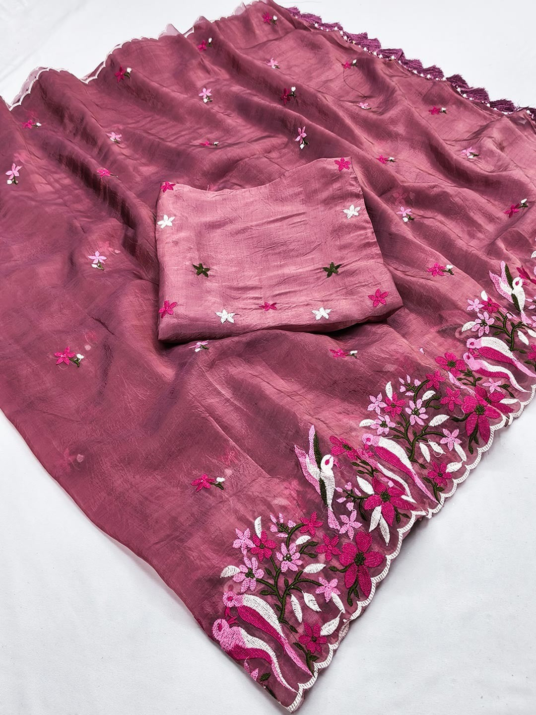 Rose Pink Shimmer Saree with Floral Embroidery and Elegant Designer Look - Image 2