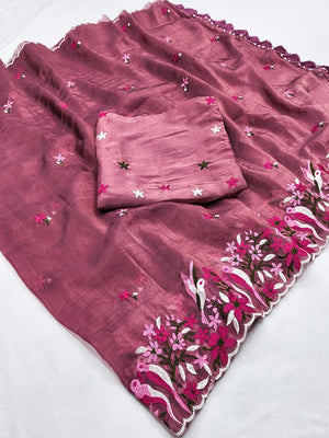 Rose Pink Shimmer Saree with Floral Embroidery and Elegant Designer Look - Image 2