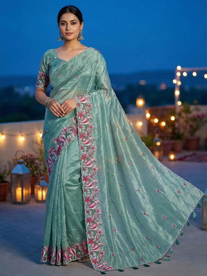 Sea Green Shimmer Saree with Floral Embroidery and Elegant Designer Look - Image 1