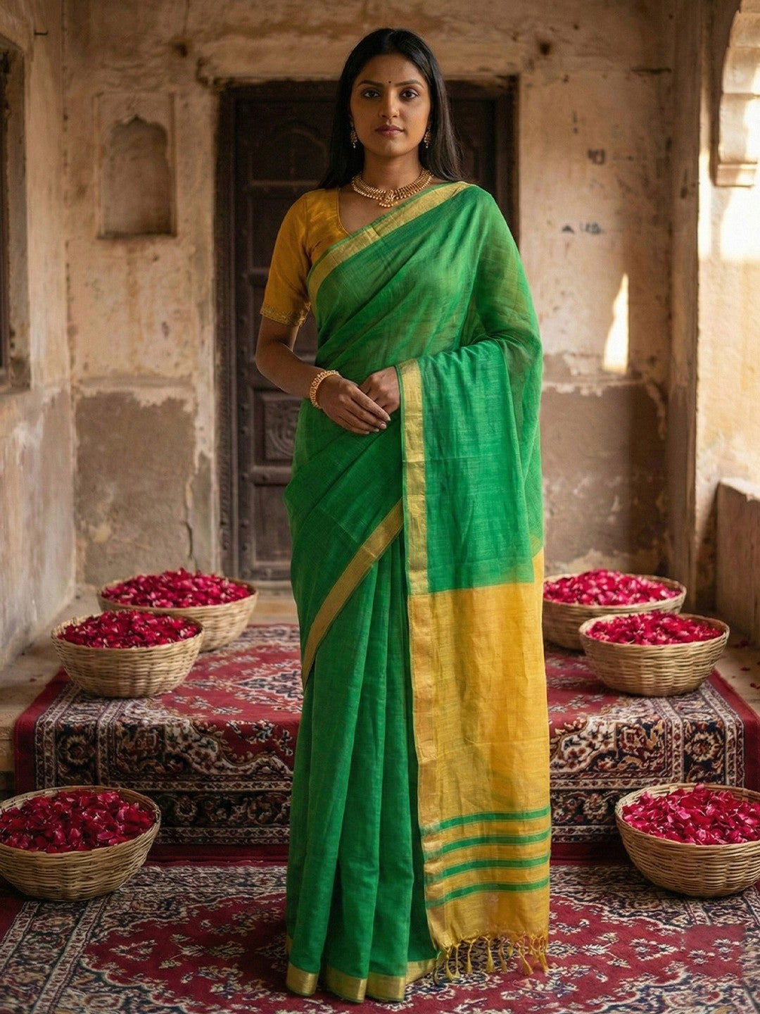 Elegant Green Solid Cotton Blend Saree Highlighted By Woven Border & Tassel Pallu - Image 1