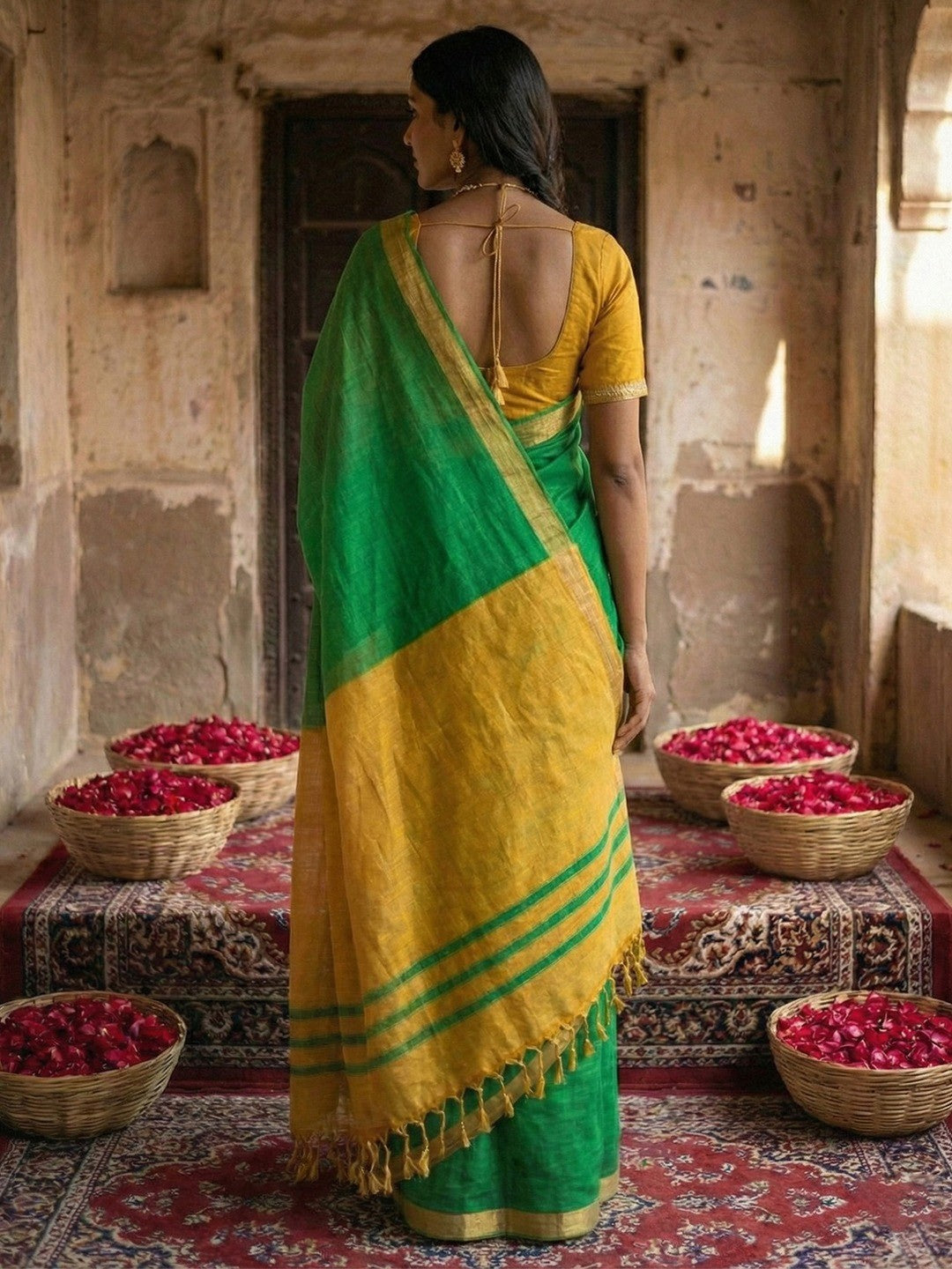 Elegant Green Solid Cotton Blend Saree Highlighted By Woven Border & Tassel Pallu - Image 4