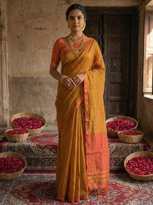 Elegant Brown Solid Cotton Blend Saree Highlighted By Woven Border & Tassel Pallu - Image 1