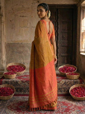 Elegant Brown Solid Cotton Blend Saree Highlighted By Woven Border & Tassel Pallu - Image 2