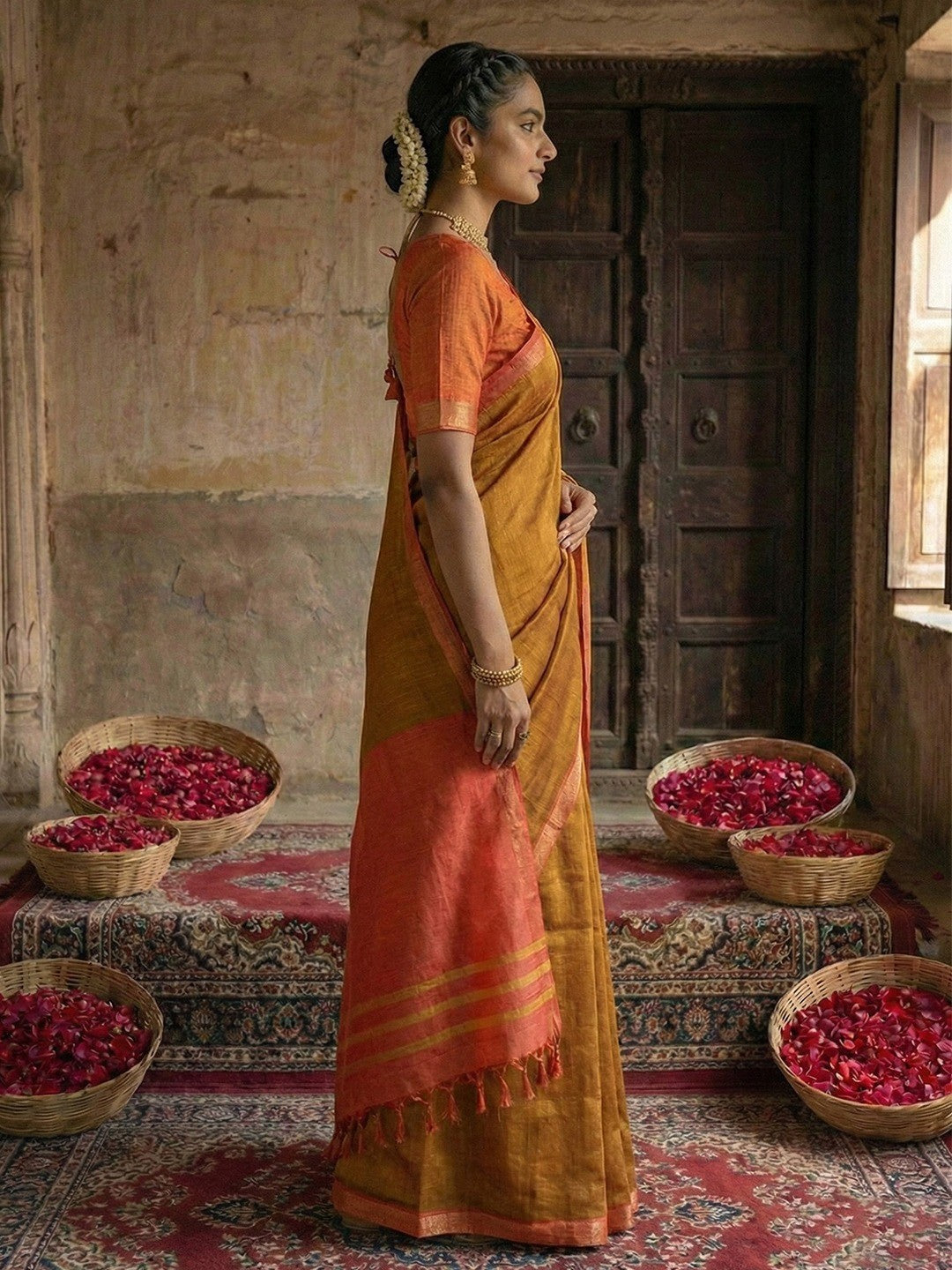 Elegant Brown Solid Cotton Blend Saree Highlighted By Woven Border & Tassel Pallu - Image 3