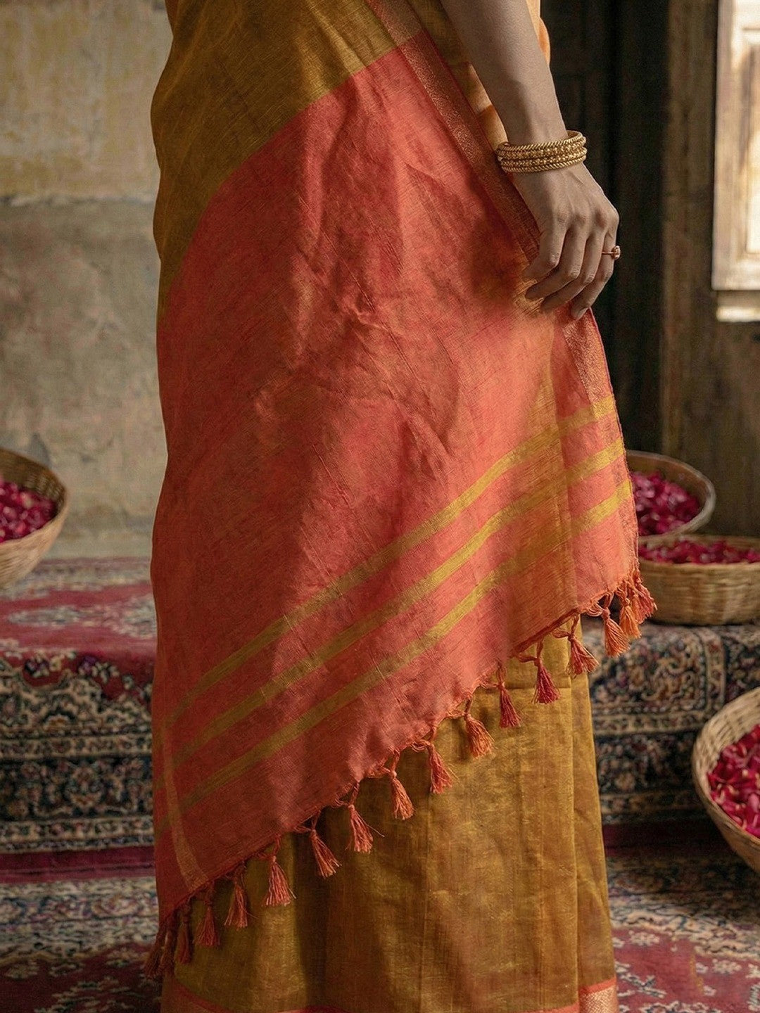 Elegant Brown Solid Cotton Blend Saree Highlighted By Woven Border & Tassel Pallu - Image 4