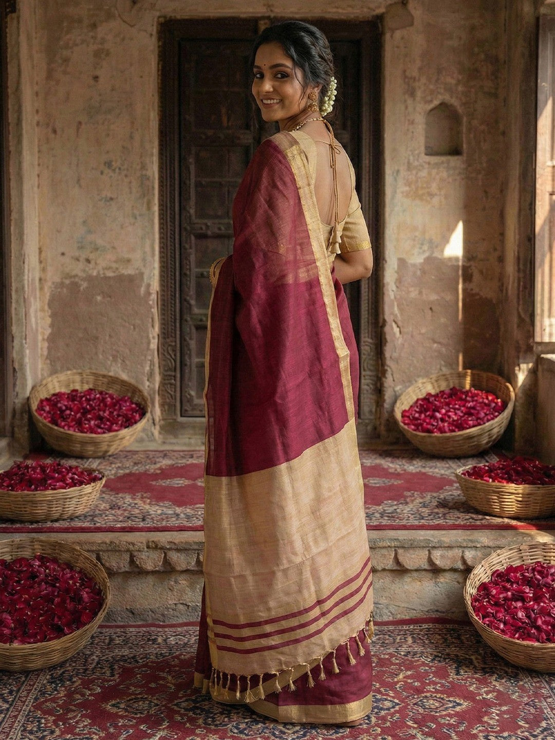 Elegant Wine Solid Cotton Blend Saree Highlighted By Woven Border & Tassel Pallu - Image 3