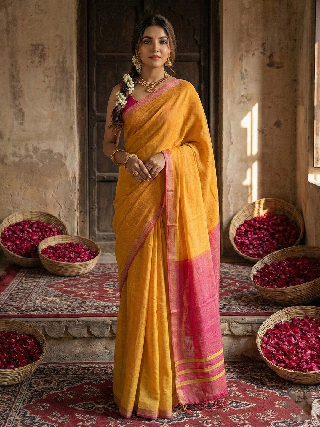 Elegant Mustard Solid Cotton Blend Saree Highlighted By Woven Border & Tassel Pallu - Image 1