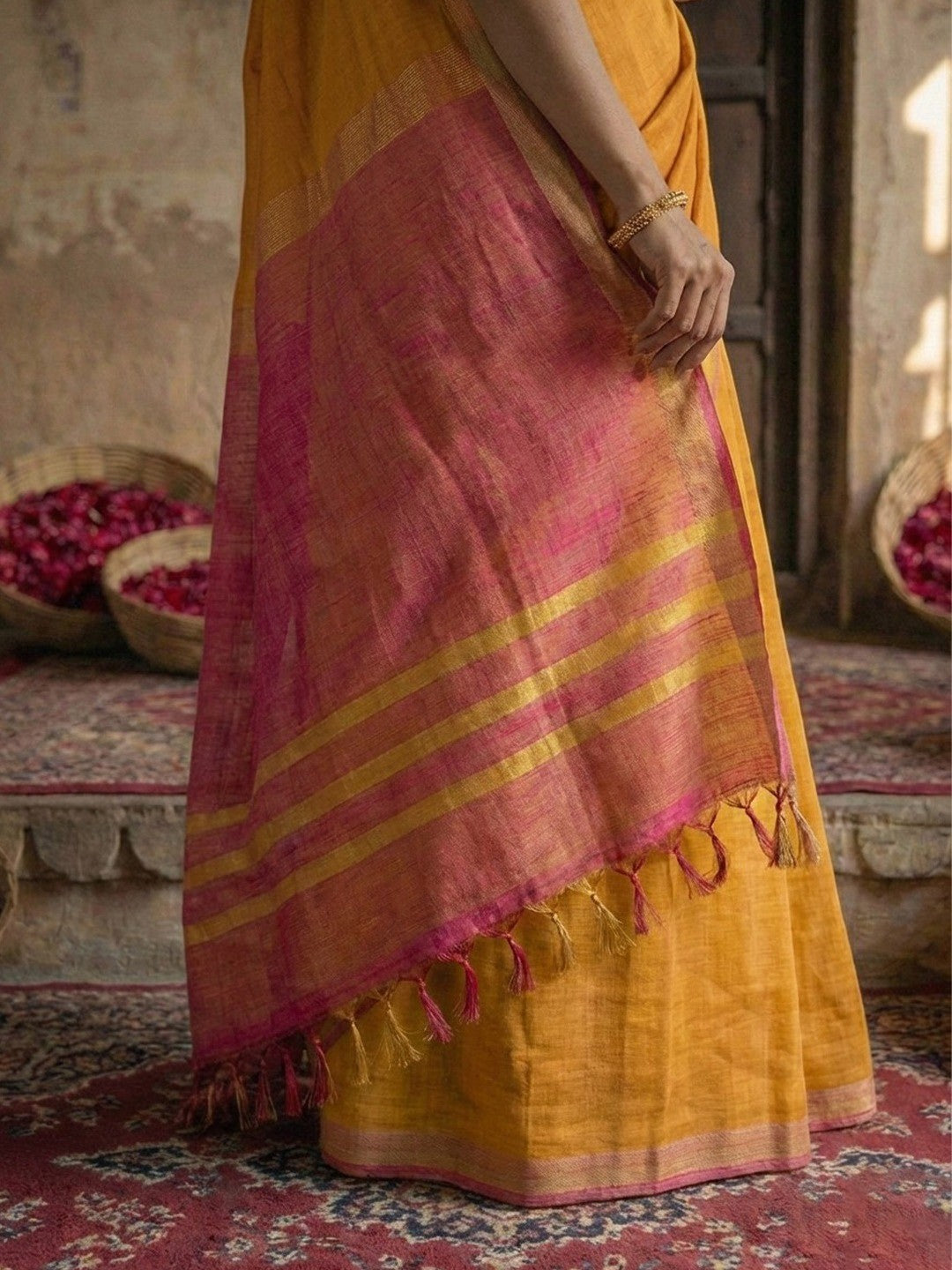 Elegant Mustard Solid Cotton Blend Saree Highlighted By Woven Border & Tassel Pallu - Image 4