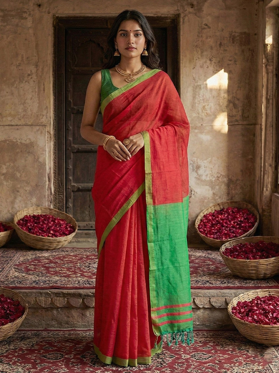 Elegant Cherry Red Solid Cotton Blend Saree Highlighted By Woven Border & Tassel Pallu - Image 1
