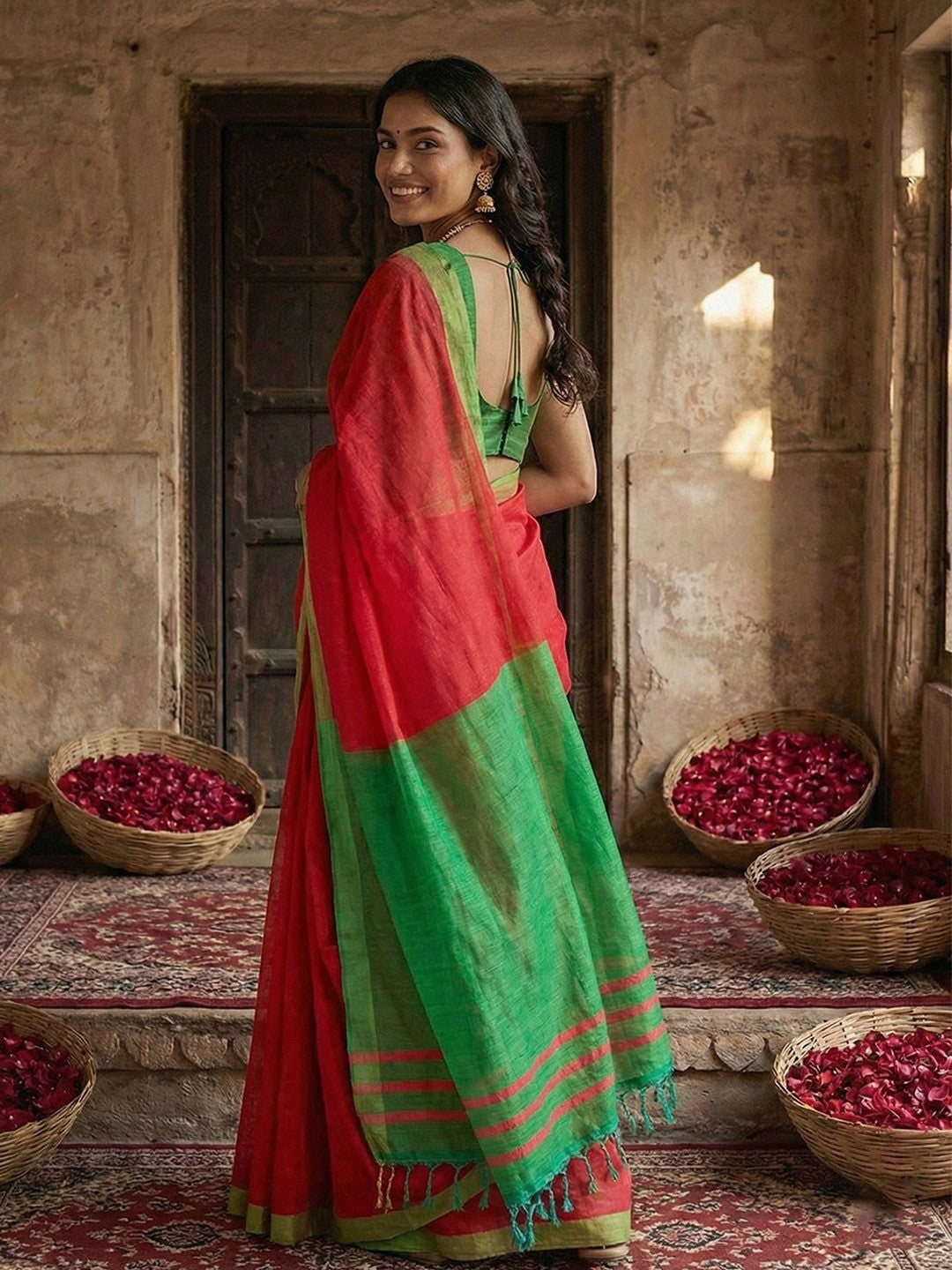 Elegant Cherry Red Solid Cotton Blend Saree Highlighted By Woven Border & Tassel Pallu - Image 2