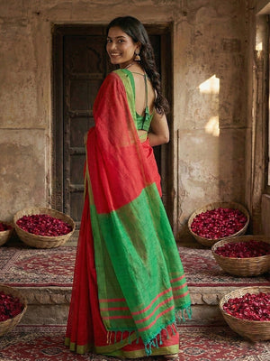 Elegant Cherry Red Solid Cotton Blend Saree Highlighted By Woven Border & Tassel Pallu - Image 2