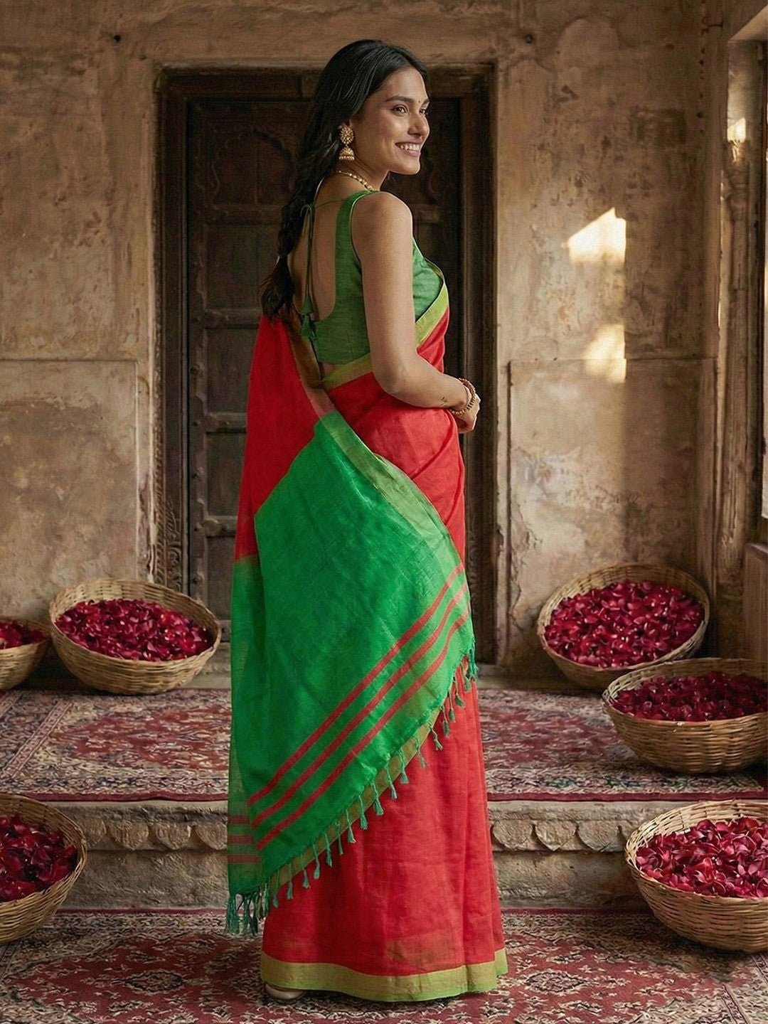 Elegant Cherry Red Solid Cotton Blend Saree Highlighted By Woven Border & Tassel Pallu - Image 3