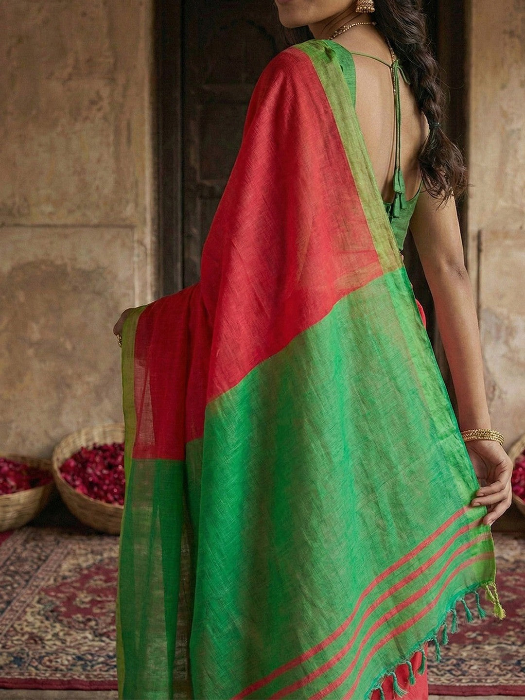 Elegant Cherry Red Solid Cotton Blend Saree Highlighted By Woven Border & Tassel Pallu - Image 4