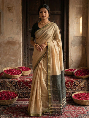 Elegant Beige Solid Cotton Blend Saree Highlighted By Woven Border & Tassel Pallu - Image 1