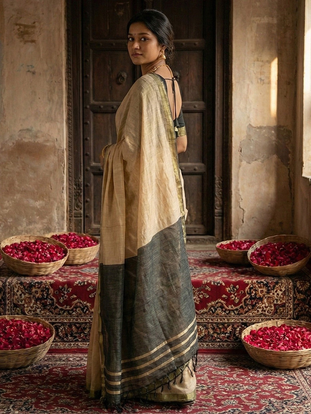 Elegant Beige Solid Cotton Blend Saree Highlighted By Woven Border & Tassel Pallu - Image 4