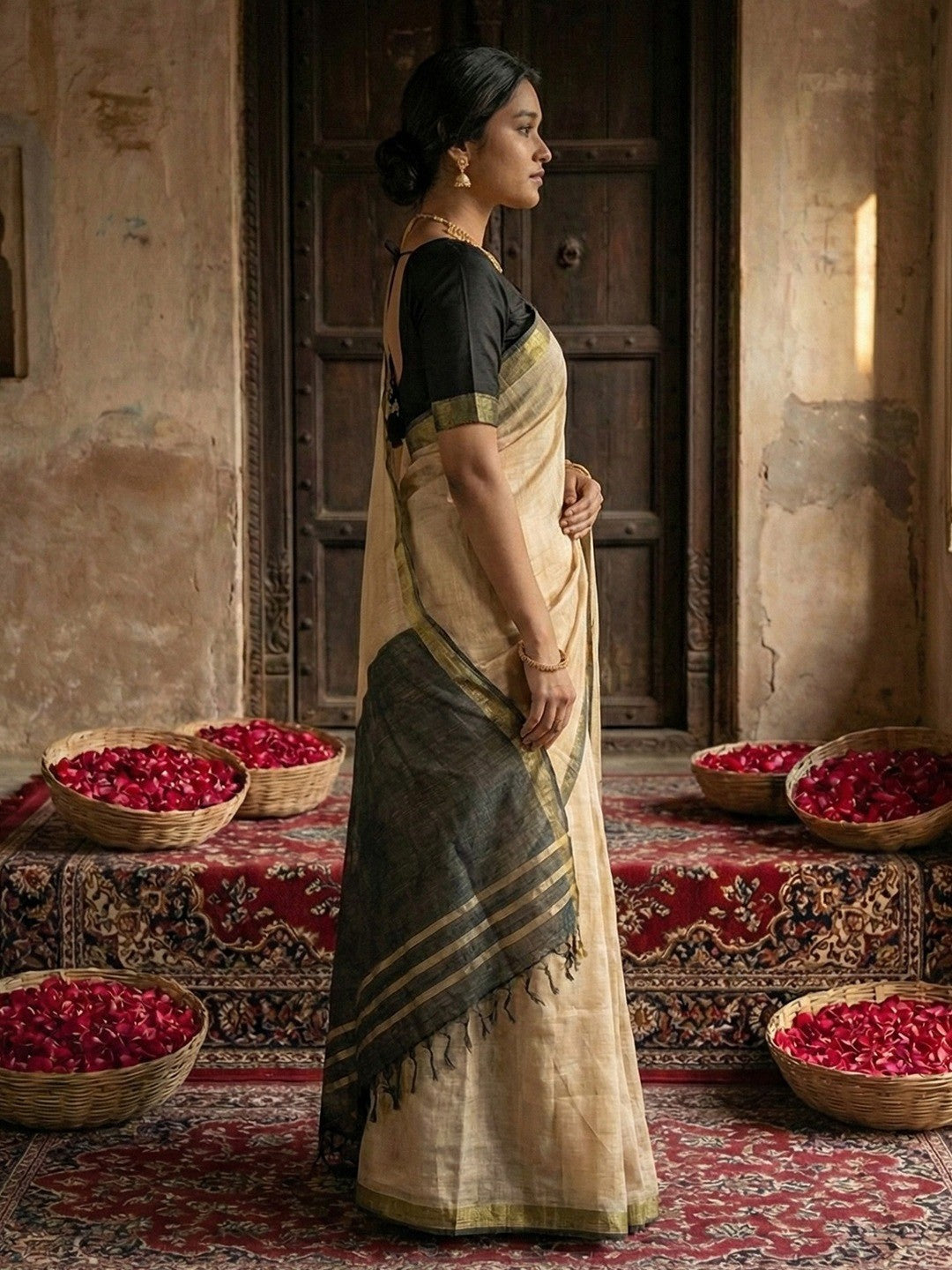 Elegant Beige Solid Cotton Blend Saree Highlighted By Woven Border & Tassel Pallu - Image 3