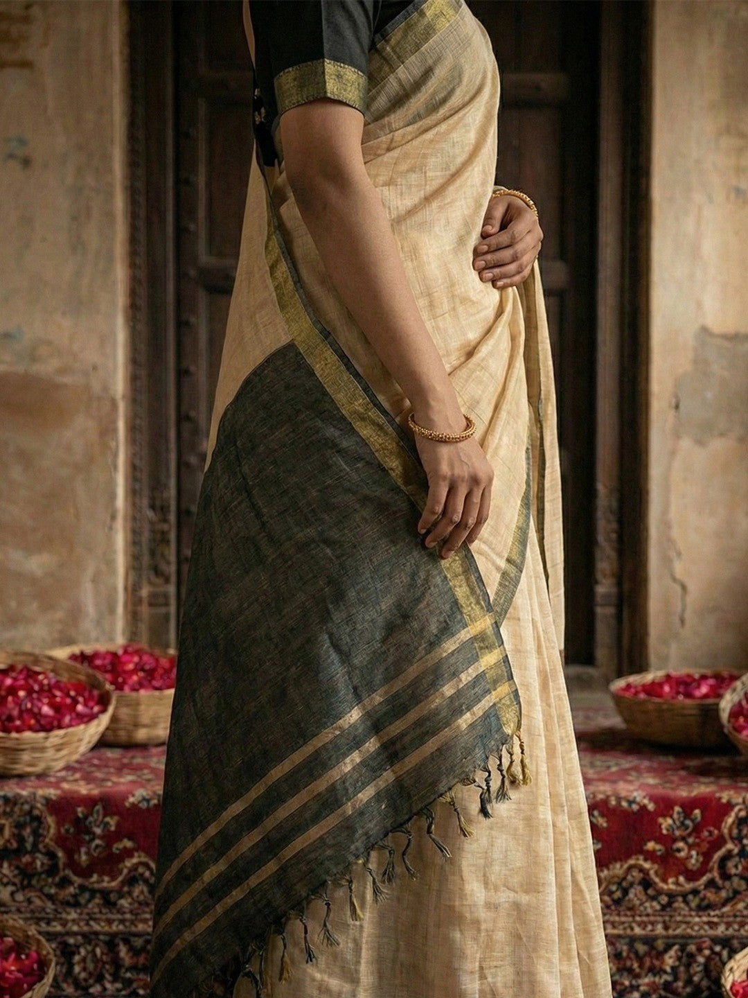 Elegant Beige Solid Cotton Blend Saree Highlighted By Woven Border & Tassel Pallu - Image 4