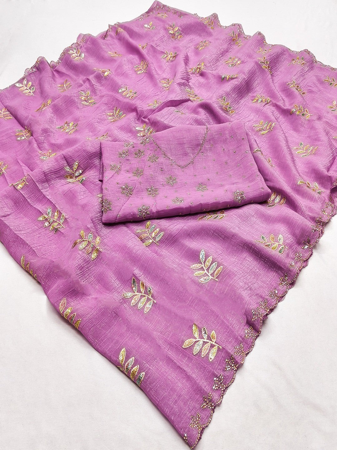 An Elegant Pink Chiffon Saree Adorned with Delicate Leaf Embellishments - Image 2