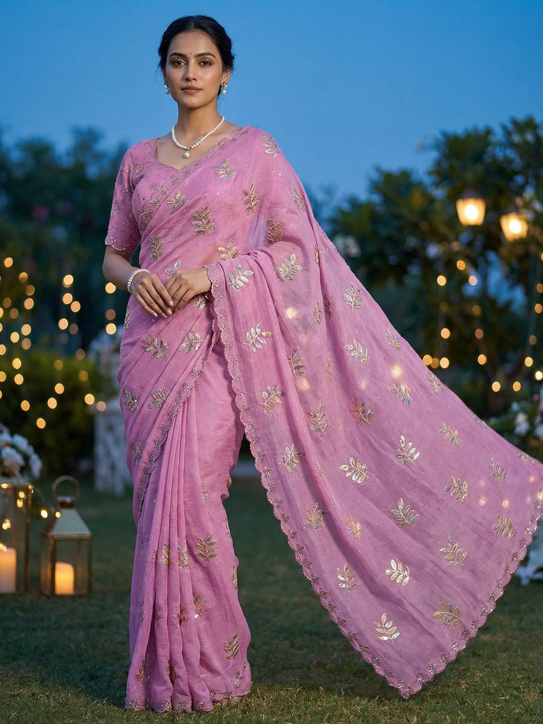 An Elegant Pink Chiffon Saree Adorned with Delicate Leaf Embellishments - Image 1