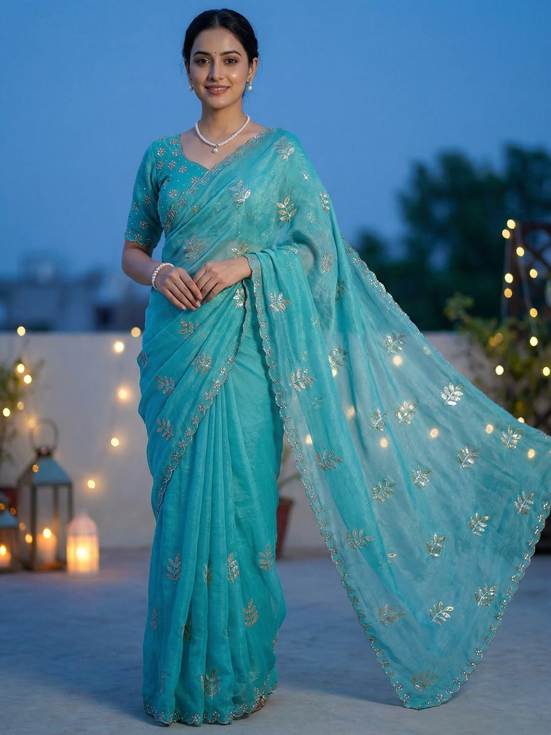 An Elegant Turquoise Chiffon Saree Adorned with Delicate Leaf Embellishments - Image 1