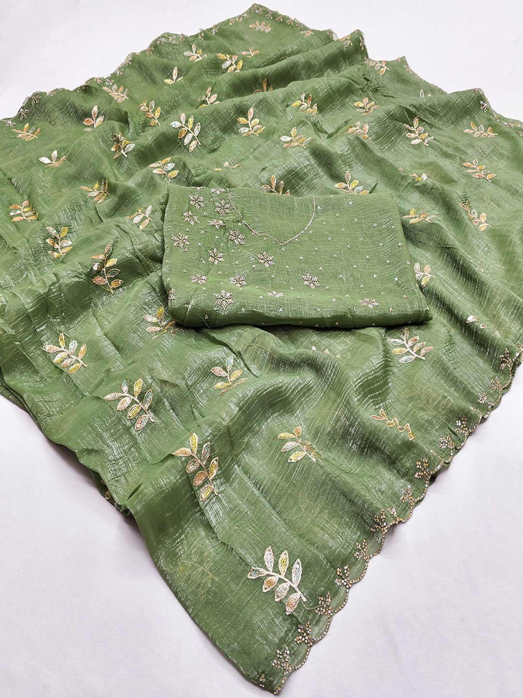 An Elegant Green Chiffon Saree Adorned with Delicate Leaf Embellishments - Image 2