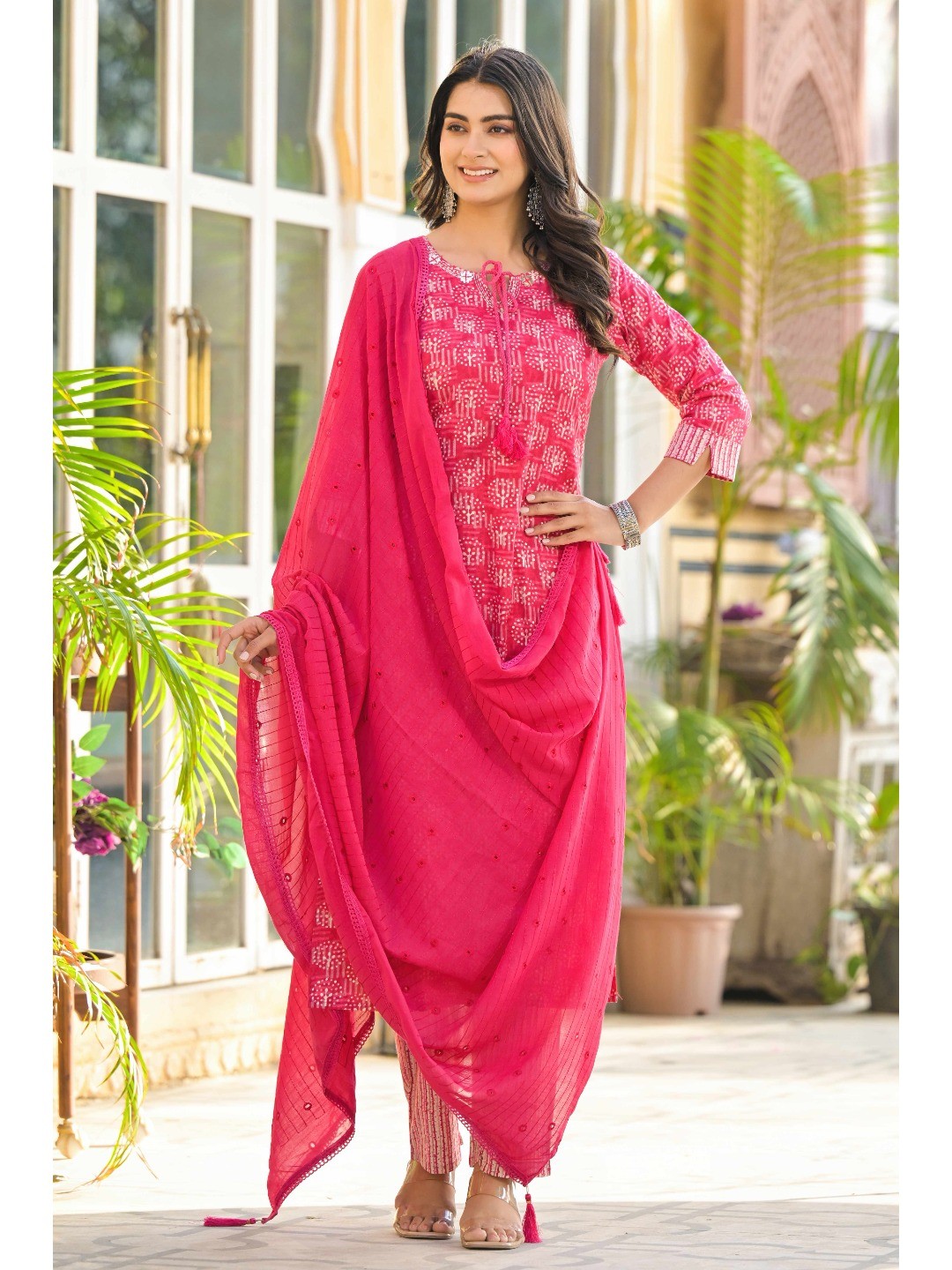 Pink Floral Printed Pure Cotton Straight Salwar Suit - Image 1