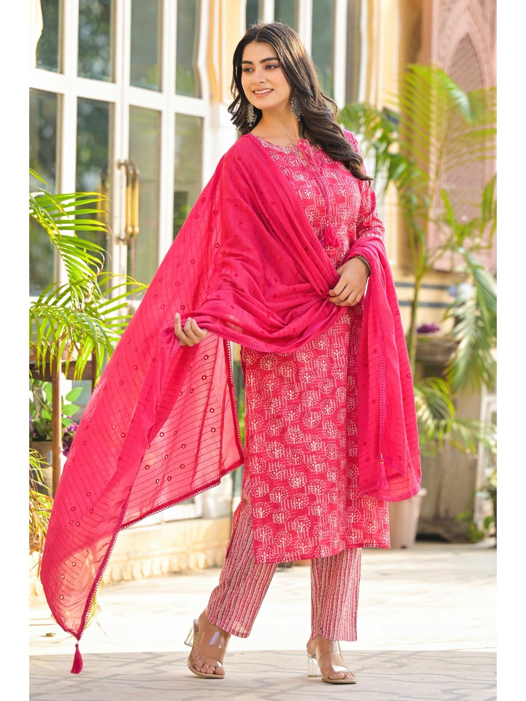 Pink Floral Printed Pure Cotton Straight Salwar Suit - Image 7