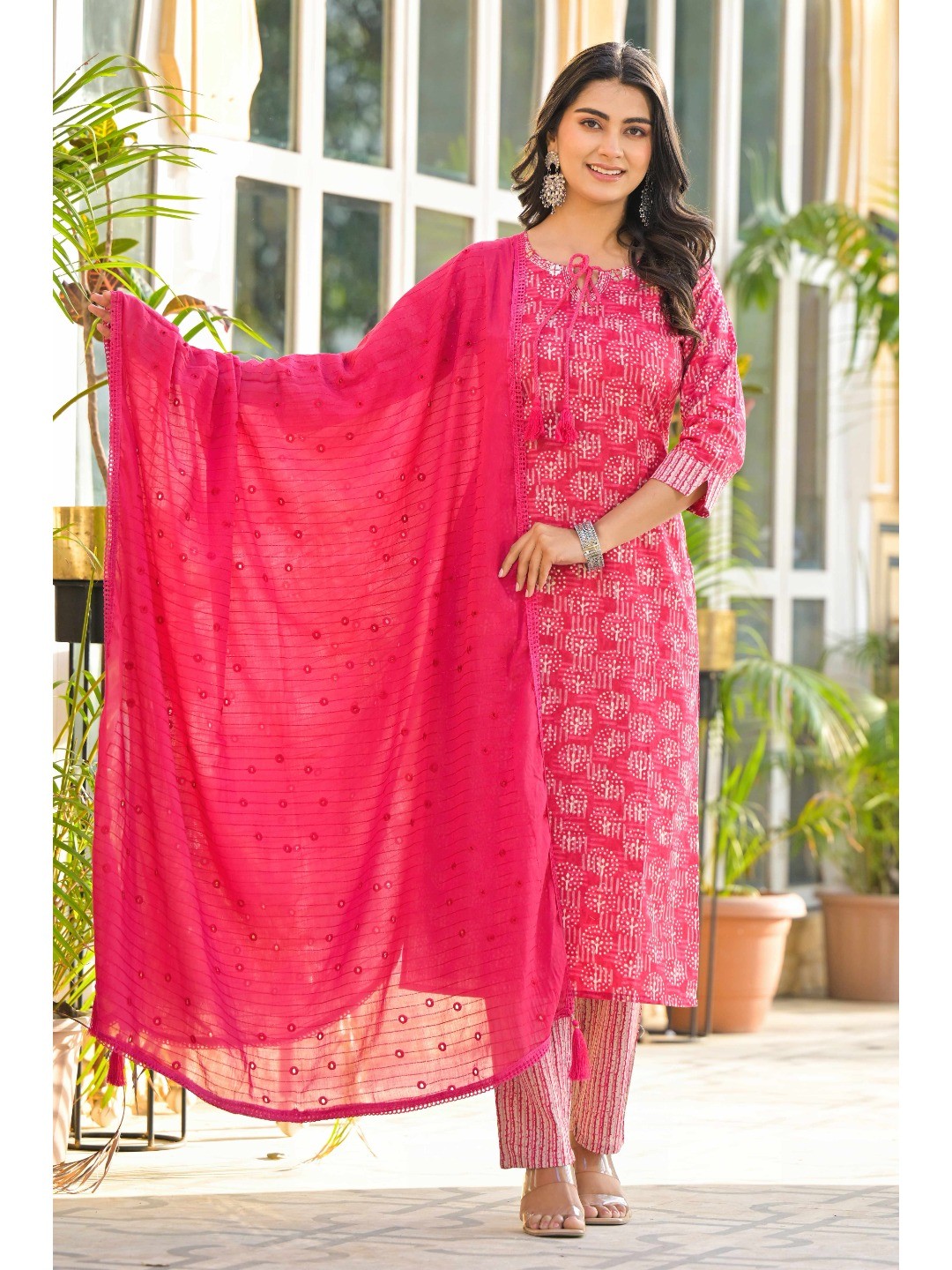 Pink Floral Printed Pure Cotton Straight Salwar Suit - Image 5