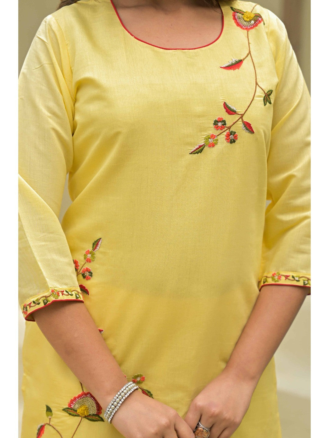Yellow Thread Work Embroidered Chanderi Silk Salwar Suit - Image 3