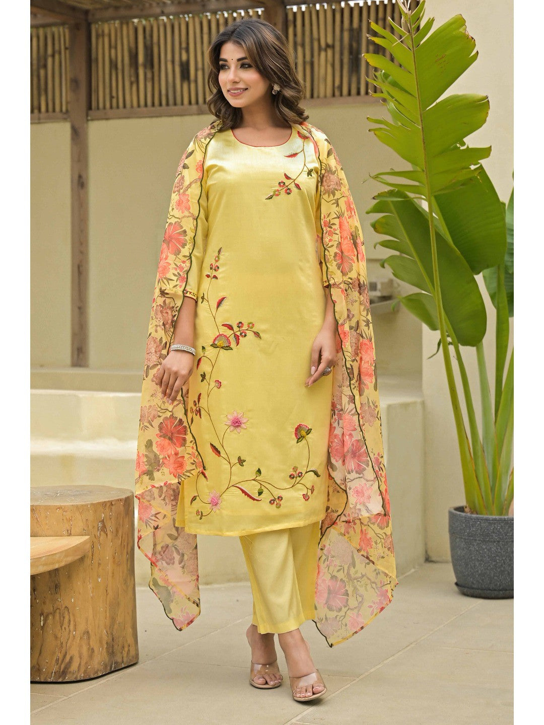 Yellow Thread Work Embroidered Chanderi Silk Salwar Suit - Image 9
